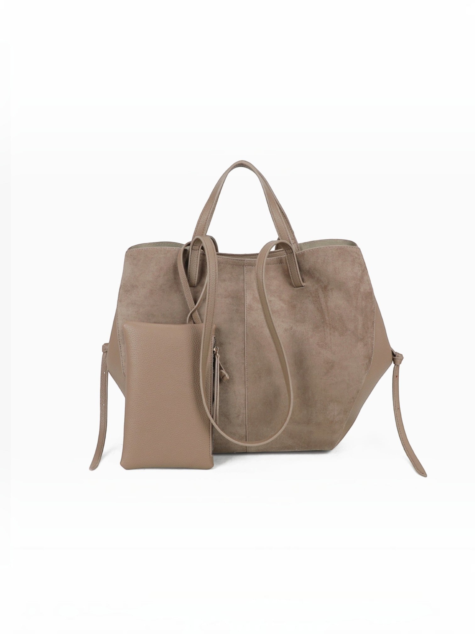 BROCK GALLANTRY Elyssa taupe soft synthetic tote bag with long shoulder straps and a matching detachable zip pouch.