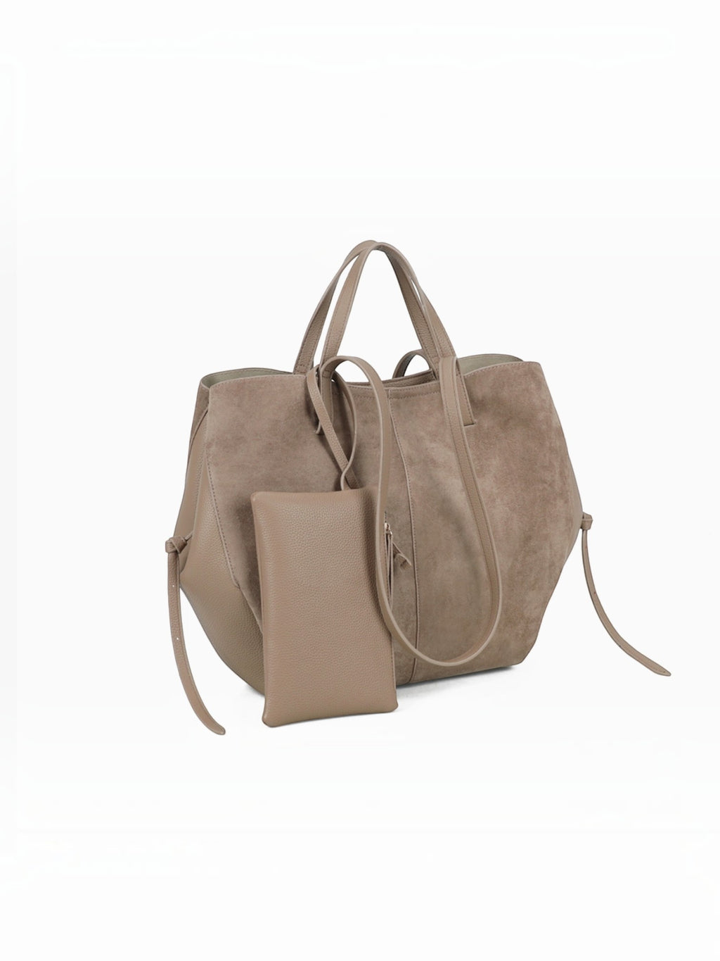 BROCK GALLANTRY Elyssa taupe tote bag with soft synthetic suede texture, long shoulder straps, and matching pouch.