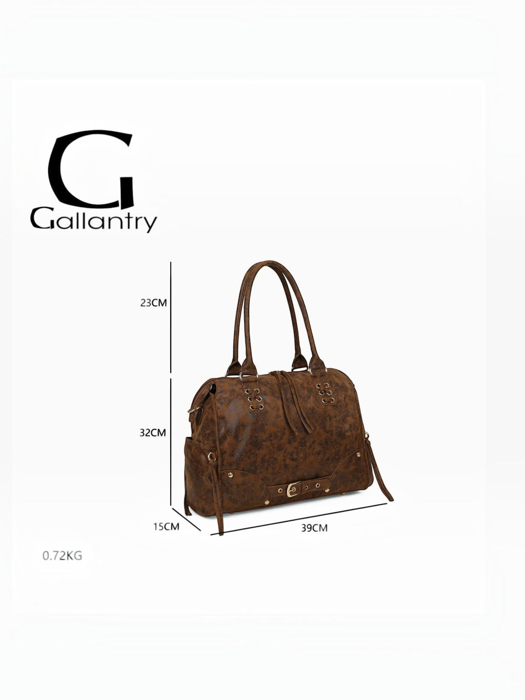 BROCK GALLANTRY Le Vespera brown synthetic bowling bag with vintage patina, gold hardware, and decorative buckles.