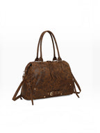 BROCK GALLANTRY Le Vespera brown synthetic leather bowling bag with vintage patina, gold hardware, and buckle details.