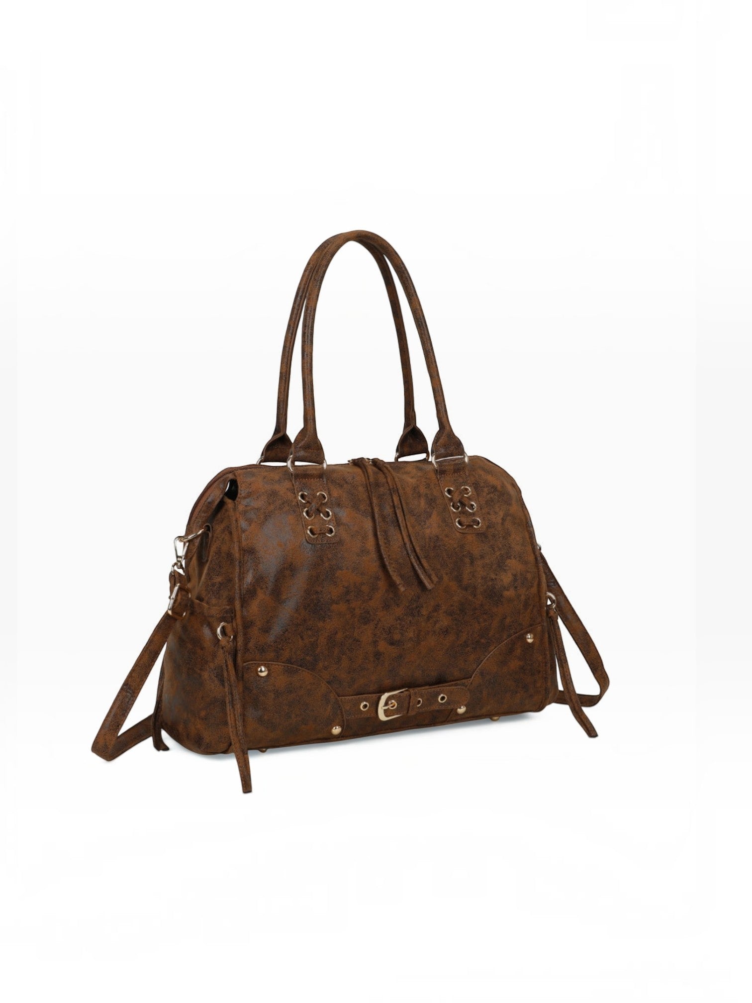 BROCK GALLANTRY Le Vespera brown synthetic leather bowling bag with vintage patina, gold hardware, and buckle details.