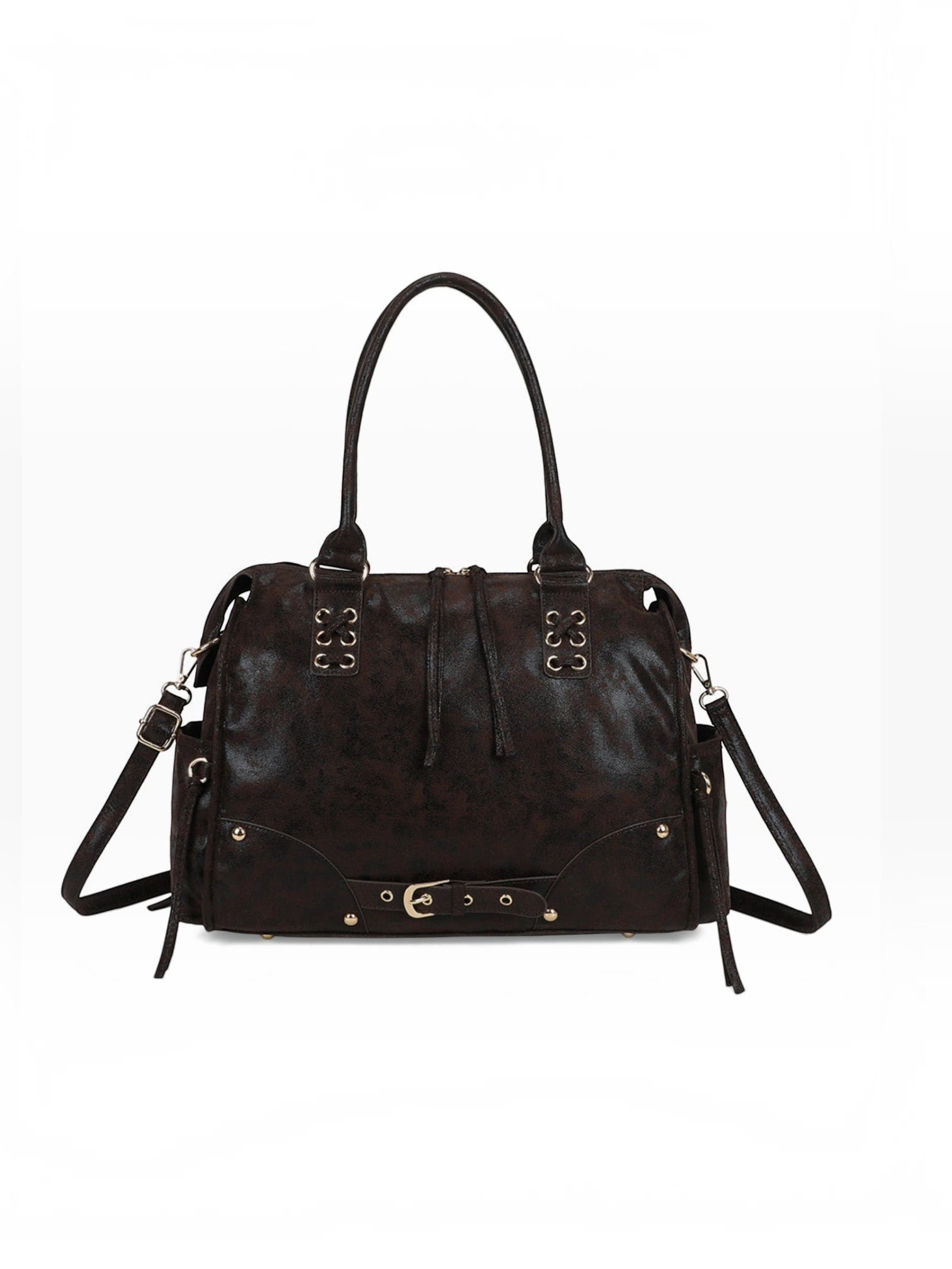 BROCK GALLANTRY Le Vespera A4 bowling bag in dark brown faux leather with gold hardware and decorative buckles.