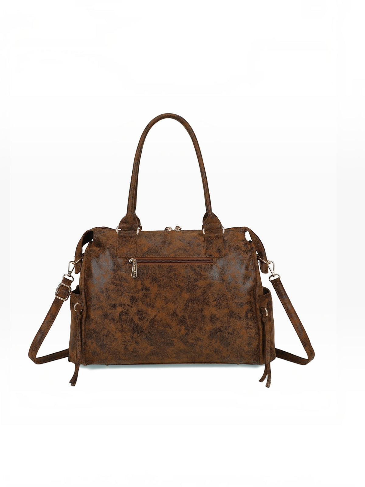 BROCK GALLANTRY Le Vespera brown synthetic bowling bag with vintage patina, gold hardware, and adjustable shoulder strap