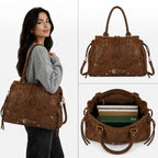 BROCK GALLANTRY Le Vespera A4 brown faux leather bowling bag with vintage patina, gold hardware, and shoulder strap.