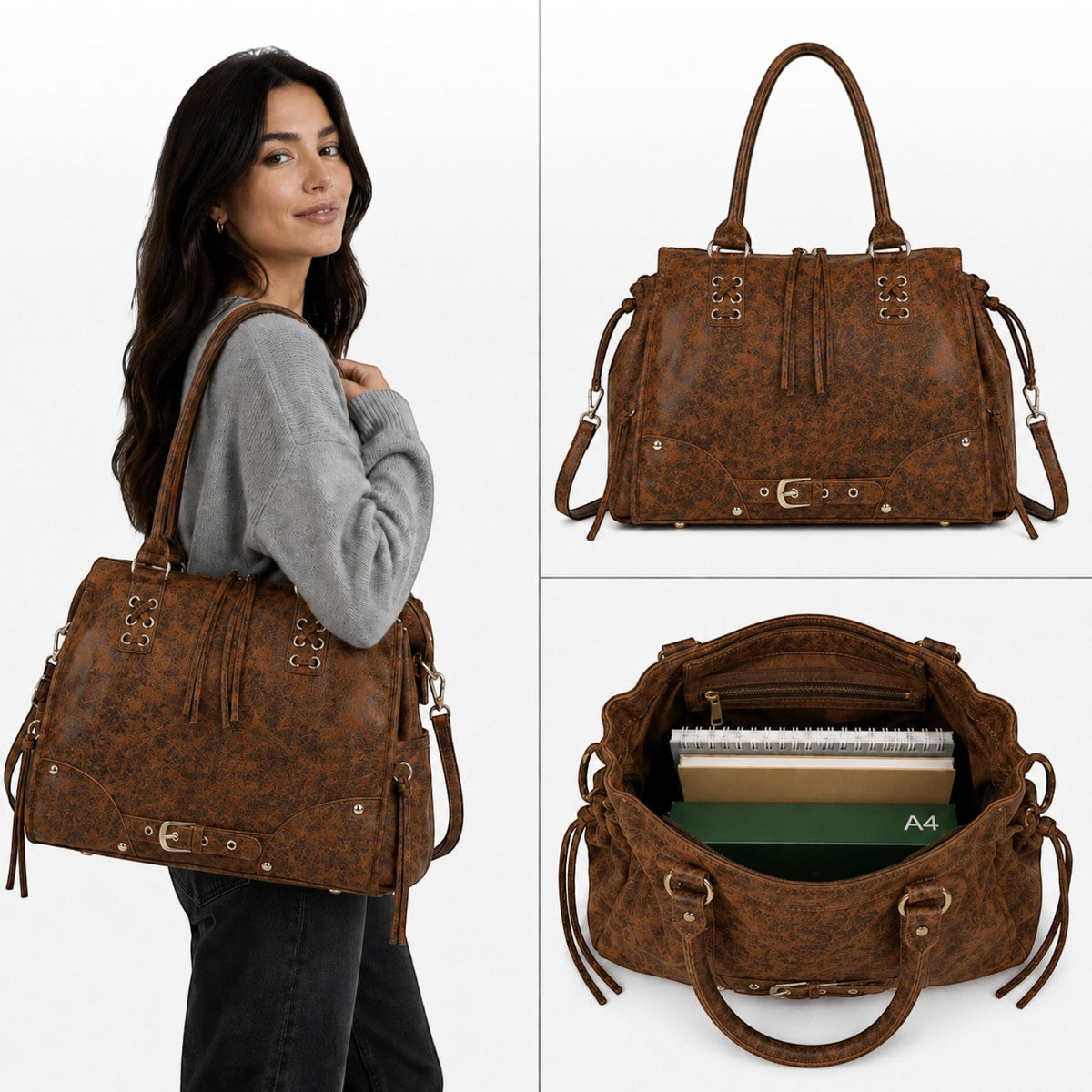 BROCK GALLANTRY Le Vespera A4 brown faux leather bowling bag with vintage patina, gold hardware, and shoulder strap.