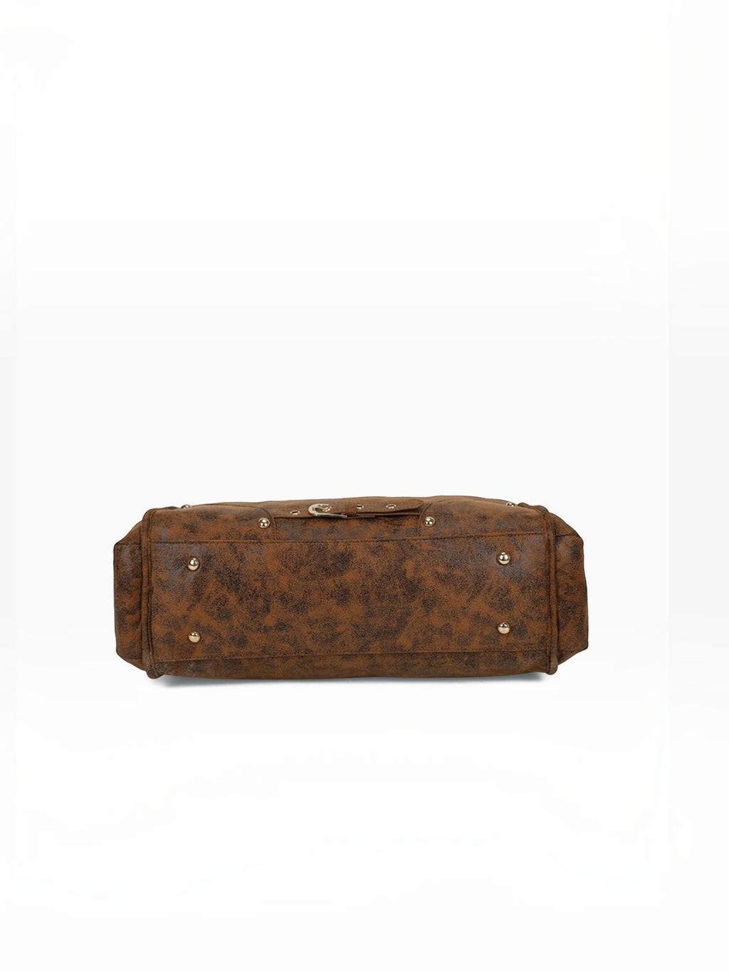 Bottom view of the BROCK GALLANTRY Le Vespera A4 handbag in brown synthetic leather with protective metal feet.