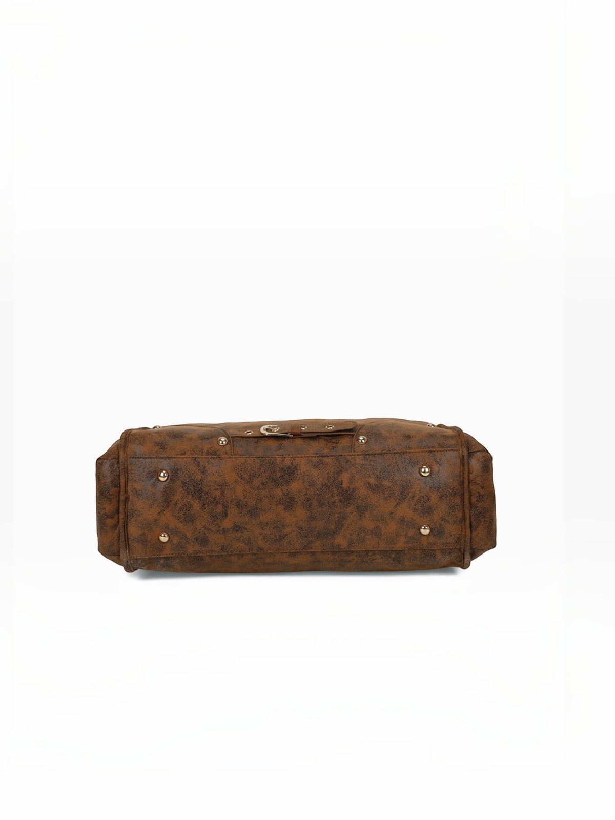 Bottom view of the BROCK GALLANTRY Le Vespera A4 handbag in brown synthetic leather with protective metal feet.
