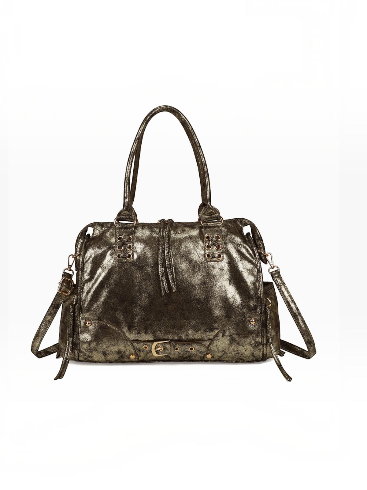 BROCK GALLANTRY Le Vespera A4 bowling bag in metallic patinated synthetic leather with gold-tone hardware details.