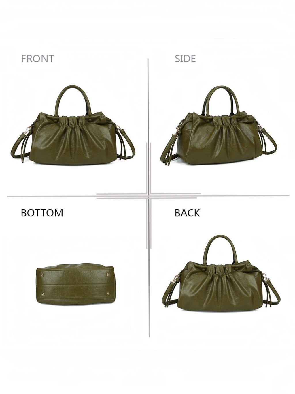 BROCK GALLANTRY olive green faux leather A4 handbag with gathered detail, short handles, and detachable strap