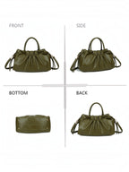 BROCK GALLANTRY olive green faux leather A4 handbag with gathered detail, short handles, and detachable strap