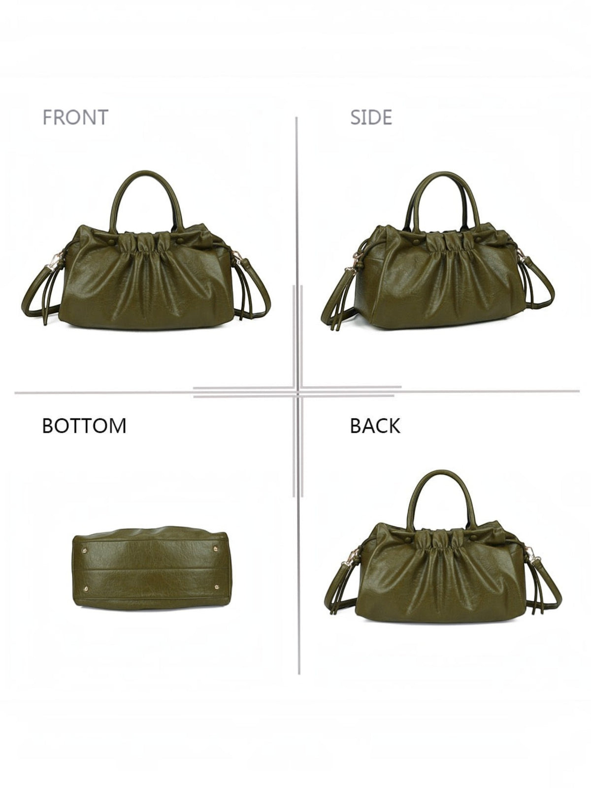 BROCK GALLANTRY olive green faux leather A4 handbag with gathered detail, short handles, and detachable strap