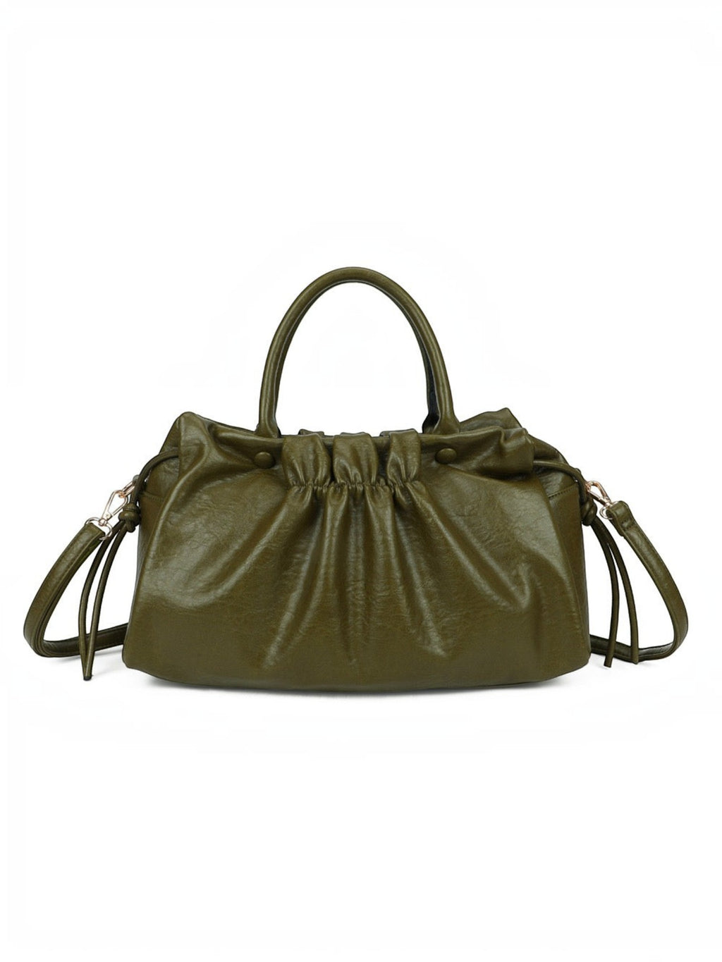 BROCK GALLANTRY olive green faux leather A4 handbag with gathered detailing, short handles, and removable strap.