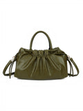 BROCK GALLANTRY olive green faux leather A4 handbag with gathered detailing, short handles, and removable strap.