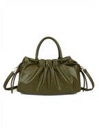 BROCK GALLANTRY olive green faux leather A4 handbag with gathered detailing, short handles, and removable strap.