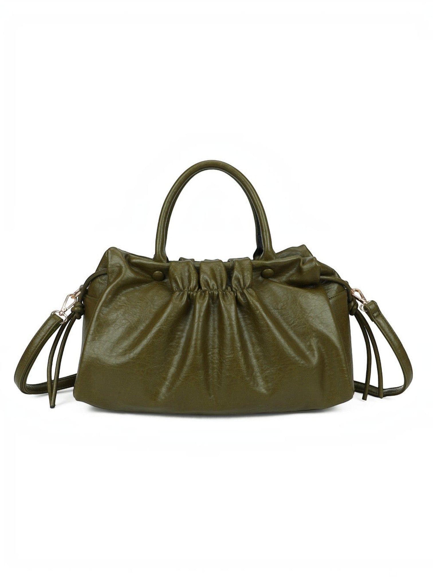 BROCK GALLANTRY olive green faux leather A4 handbag with gathered detailing, short handles, and removable strap.