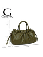 BROCK GALLANTRY olive green faux leather A4 handbag with gathered detailing, short handles, and side drawstrings.