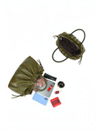 BROCK GALLANTRY olive green faux leather A4 handbag with top handles, detachable strap, and interior accessories.