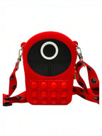 BROCK GALLANTRY red faux leather Pop-It crossbody bag with a circular design and patterned strap