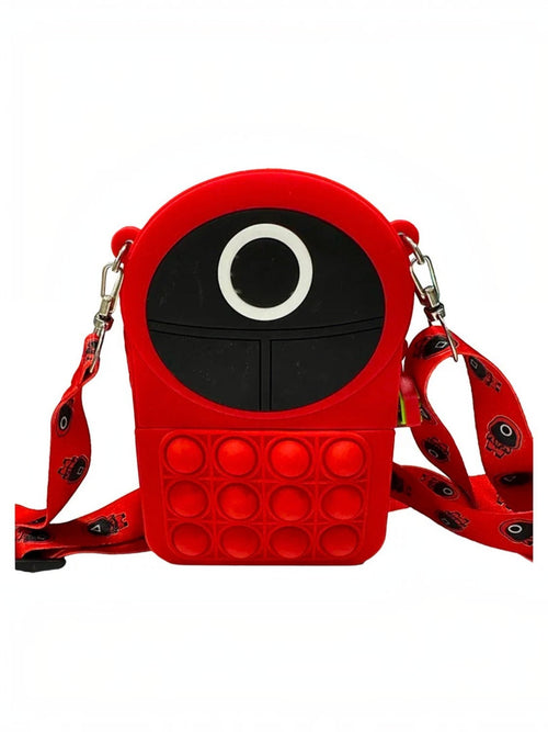 BROCK GALLANTRY red faux leather Pop-It crossbody bag with a circular design and patterned strap