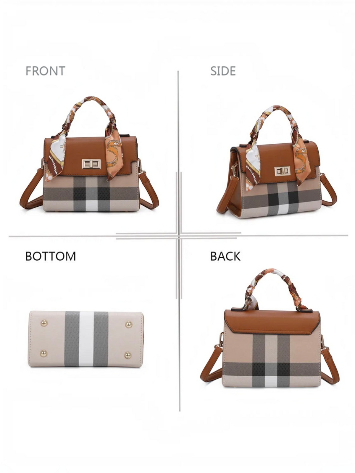 Mini sac à main BROCK GALLANTRY en cuir PU à carreaux avec poignée foulard et fermoir twist doré, vues multiples.