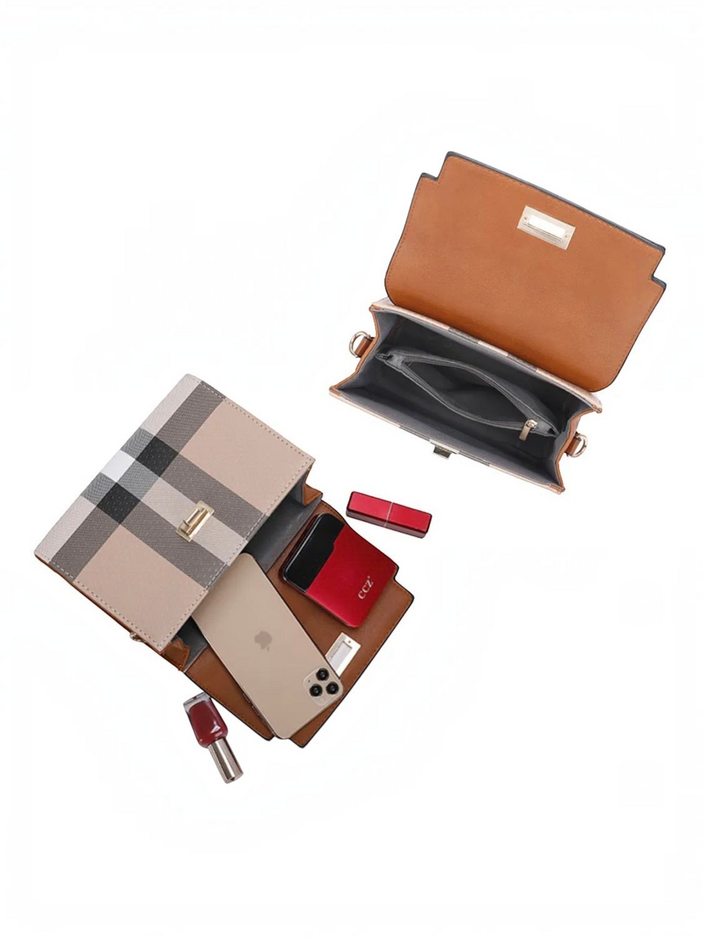 Sac à main BROCK GALLANTRY à carreaux bicolores en cuir PU avec intérieur spacieux et accessoires de maquillage