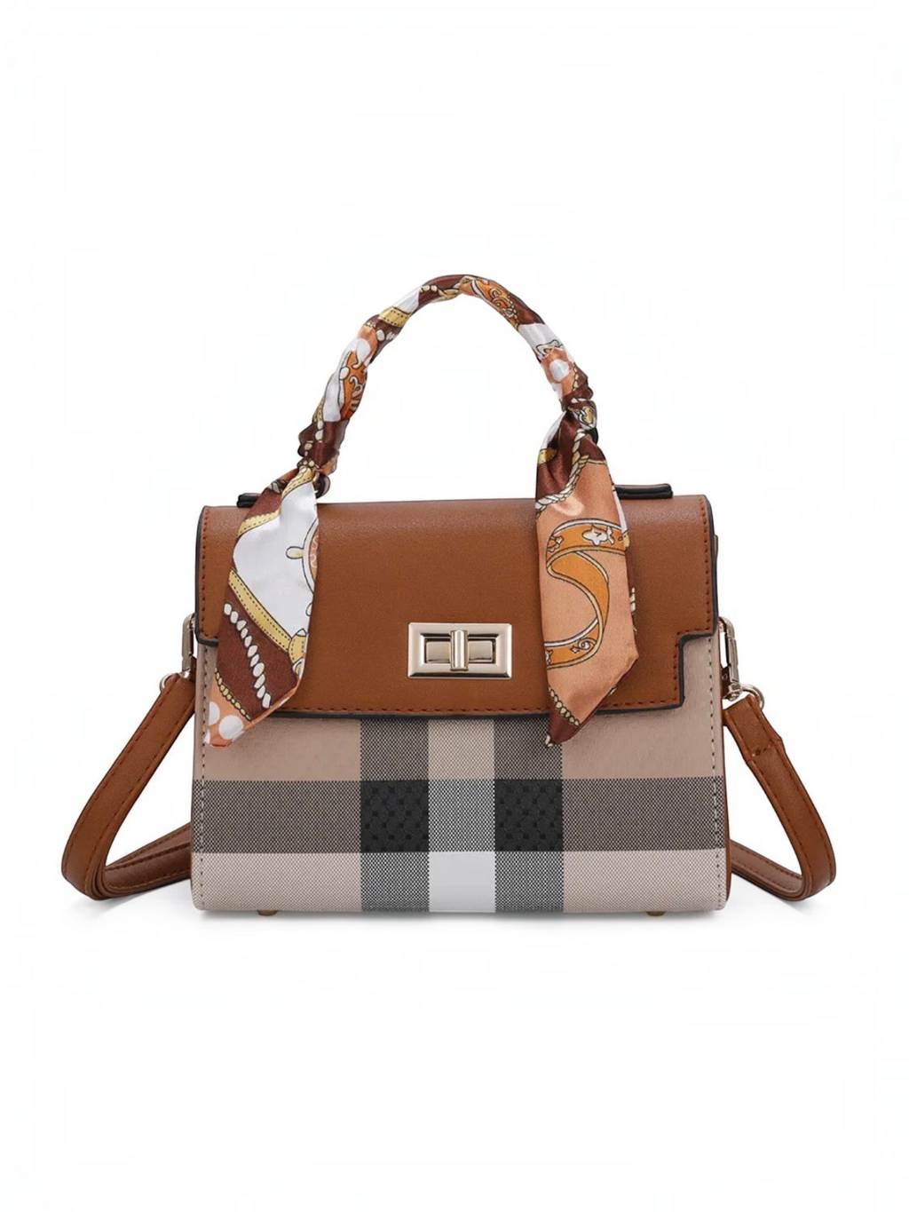 Mini sac à main BROCK GALLANTRY en cuir PU marron à carreaux avec poignée foulard et fermoir twist doré