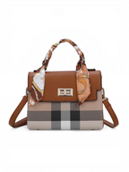 Mini sac à main BROCK GALLANTRY en cuir PU marron à carreaux avec poignée foulard et fermoir twist doré