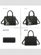 Sac à main BROCK GALLANTRY noir en cuir PU avec broderies florales blanches et détails métalliques argentés