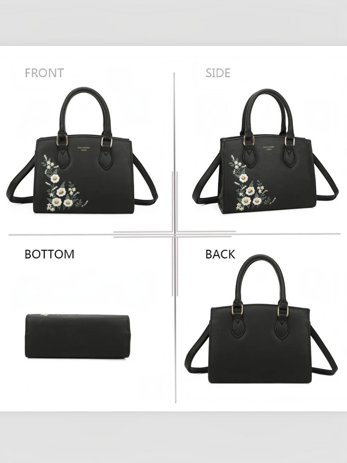 Sac à main BROCK GALLANTRY noir en cuir PU avec broderies florales blanches et détails métalliques argentés