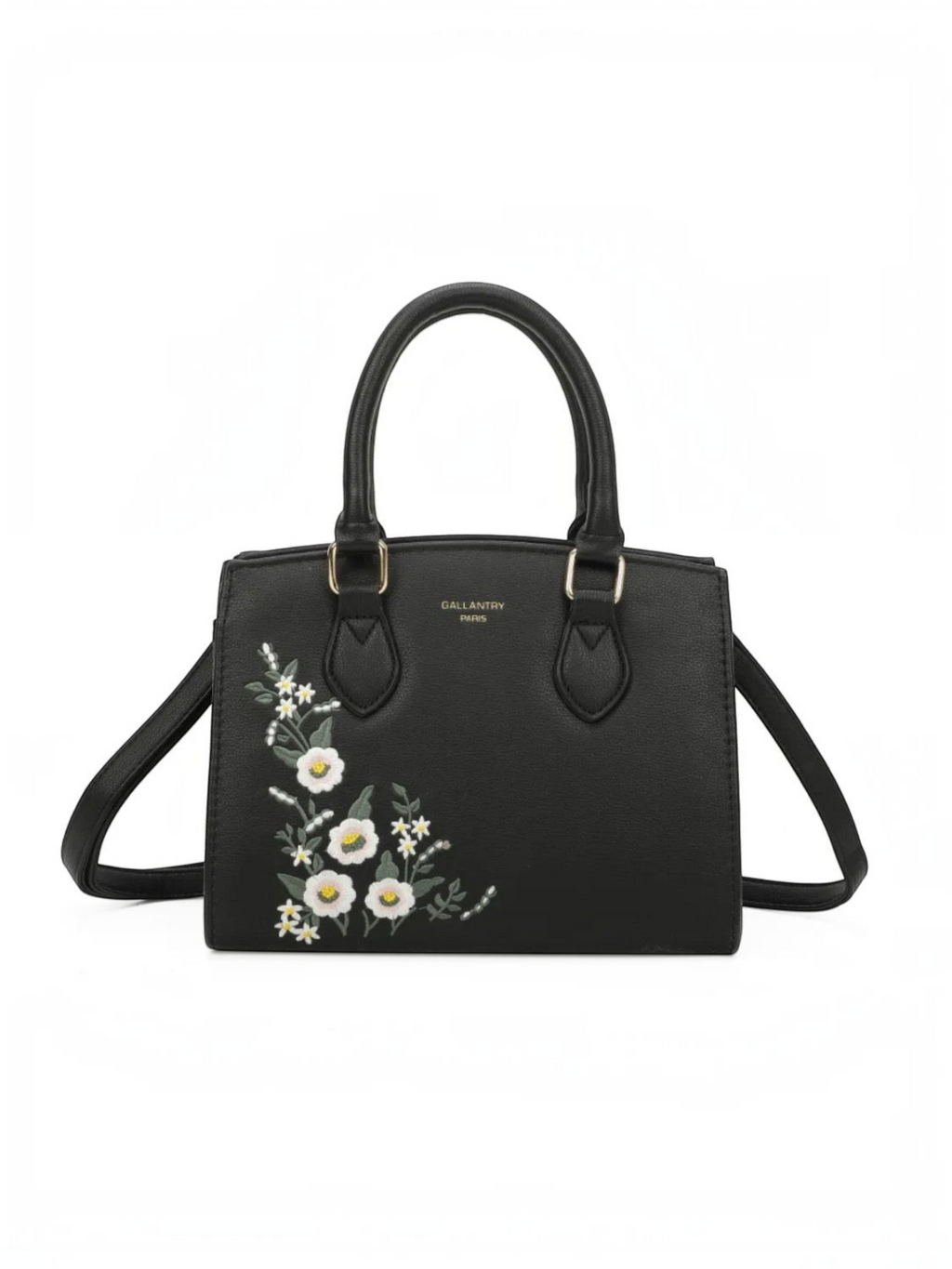 Sac à main BROCK GALLANTRY noir en cuir PU avec broderies florales blanches et anses élégantes