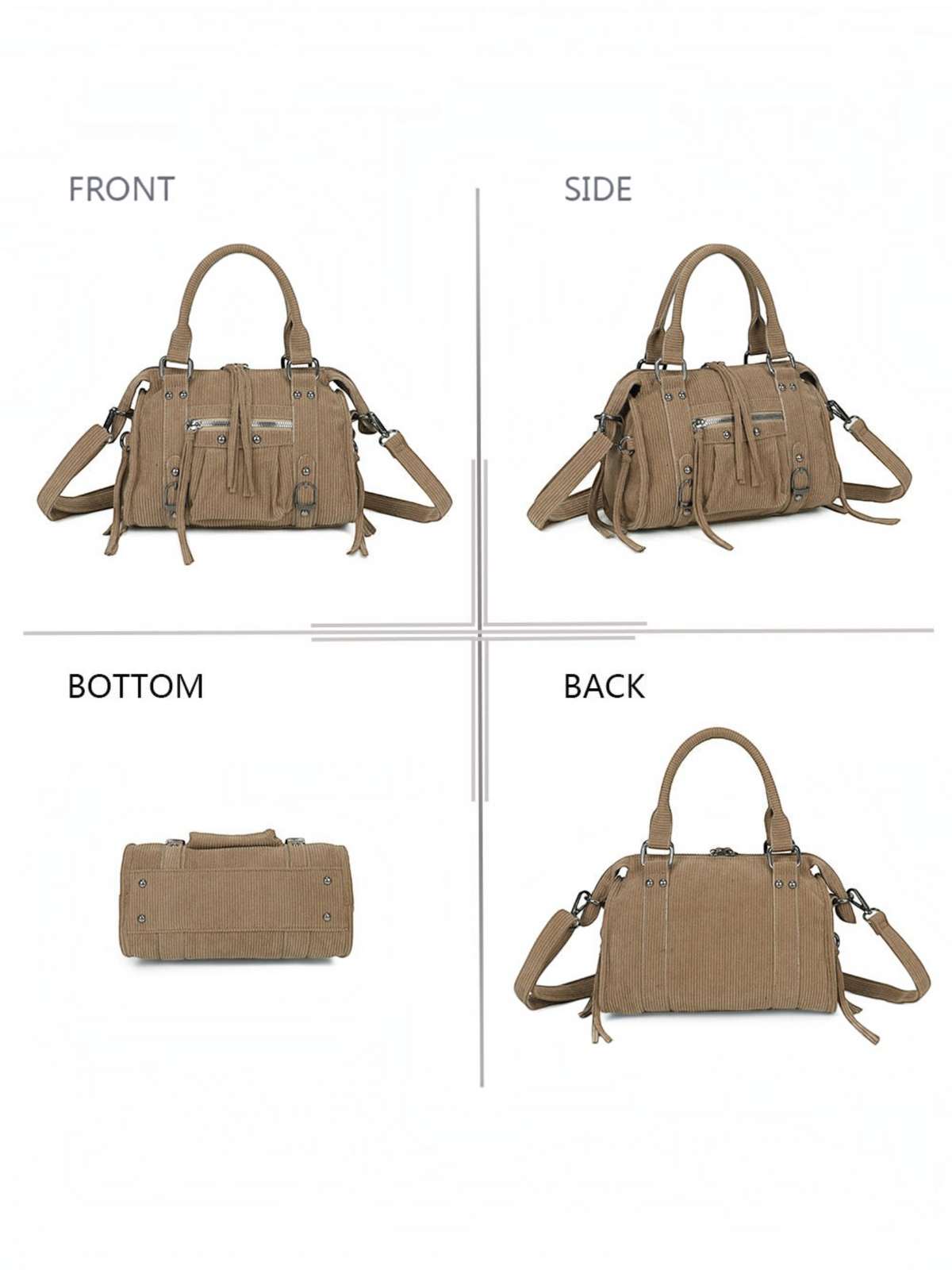 Sac à main BROCK GALLANTRY en velours côtelé beige avec détails métalliques argentés, sangles et bandoulière ajustable.