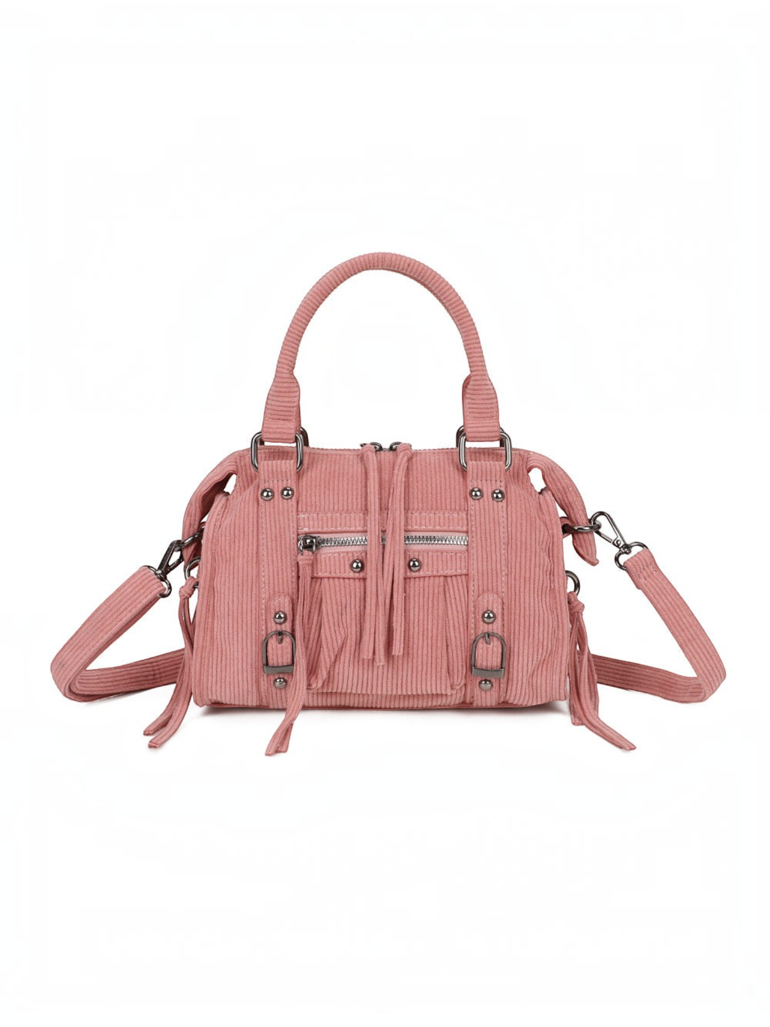 Sac à main BROCK GALLANTRY en velours côtelé rose avec détails métalliques argentés et bandoulière ajustable