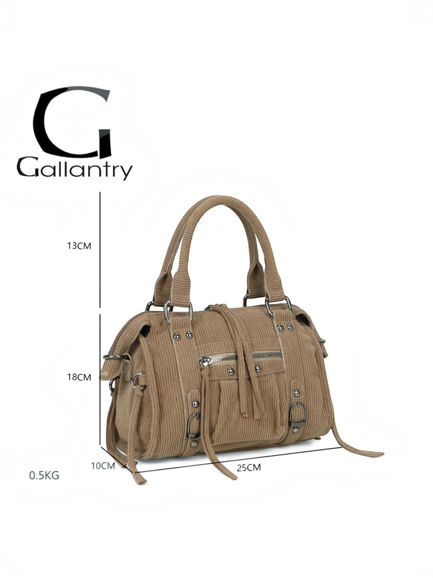 Sac à main BROCK GALLANTRY en velours côtelé beige avec détails métalliques argentés et sangles décoratives