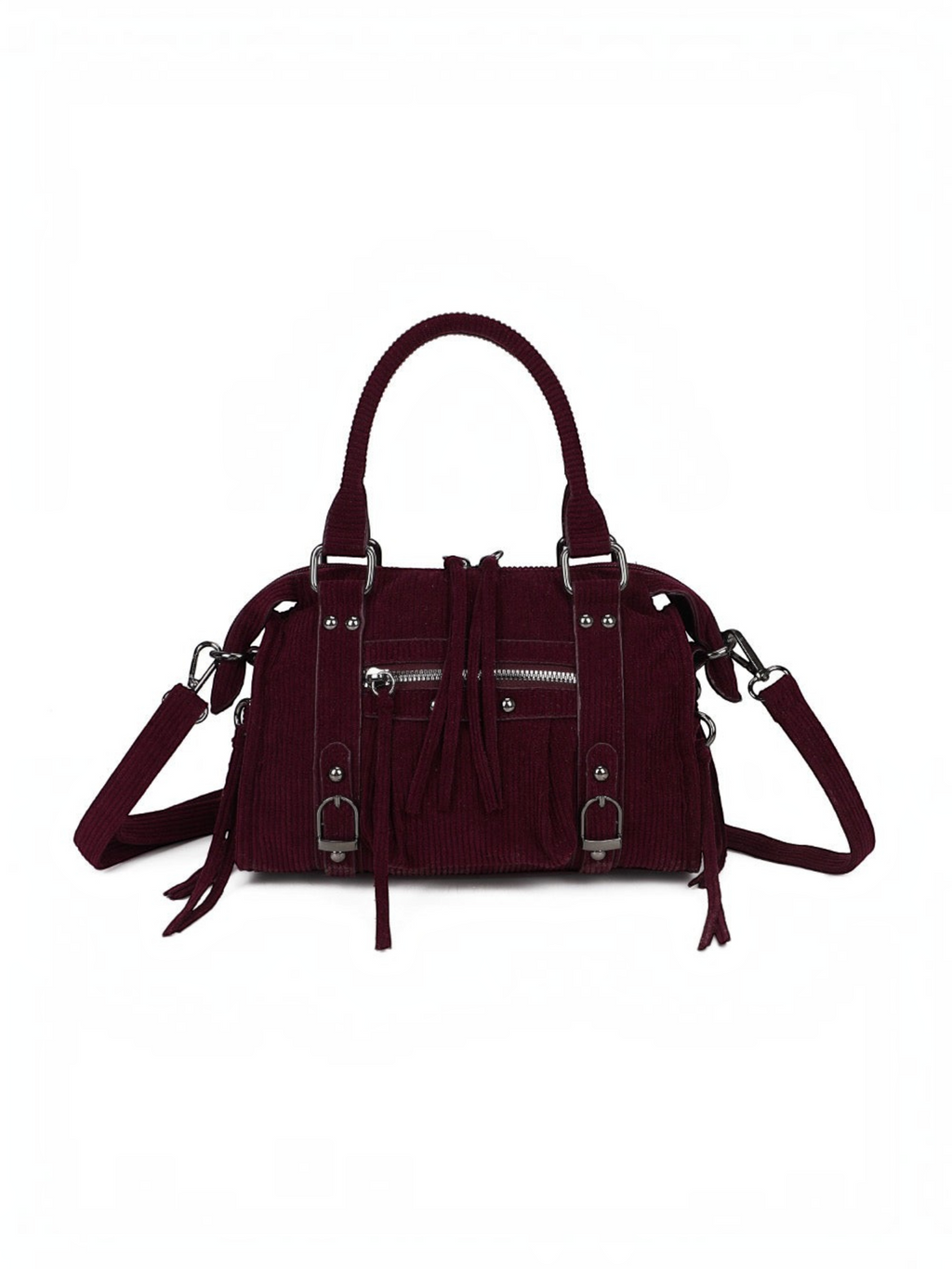 Sac à main BROCK GALLANTRY en velours côtelé bordeaux avec détails métalliques argentés et bandoulière ajustable