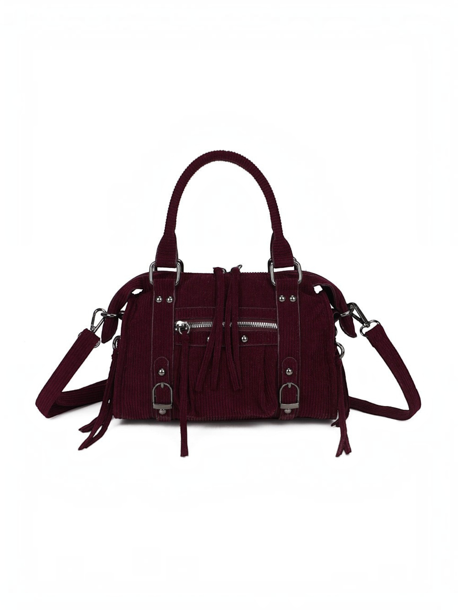 Sac à main BROCK GALLANTRY en velours côtelé bordeaux avec détails métalliques argentés et bandoulière ajustable