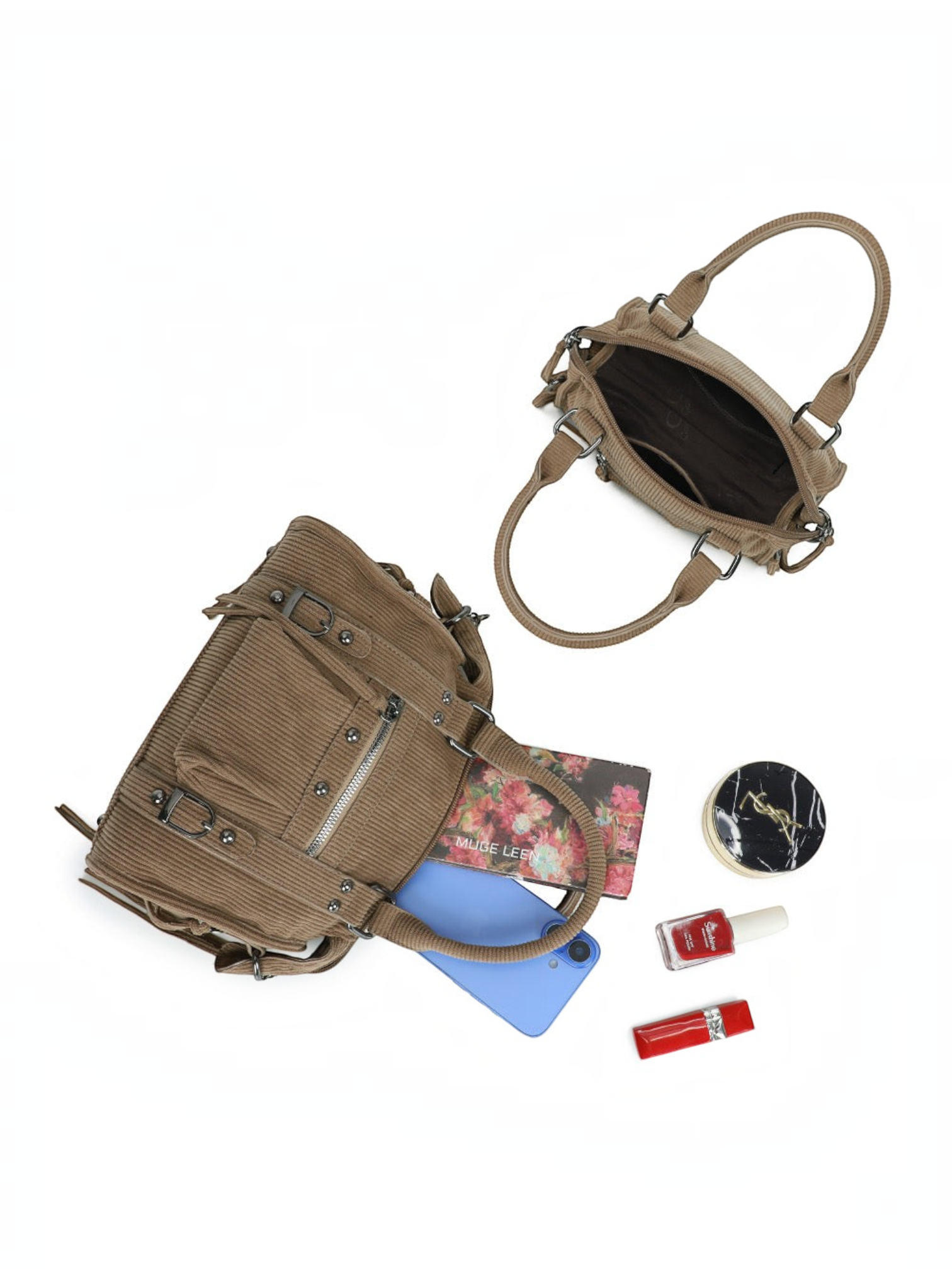 Sac à main BROCK GALLANTRY en velours côtelé beige avec accessoires, vue de dessus sur fond blanc