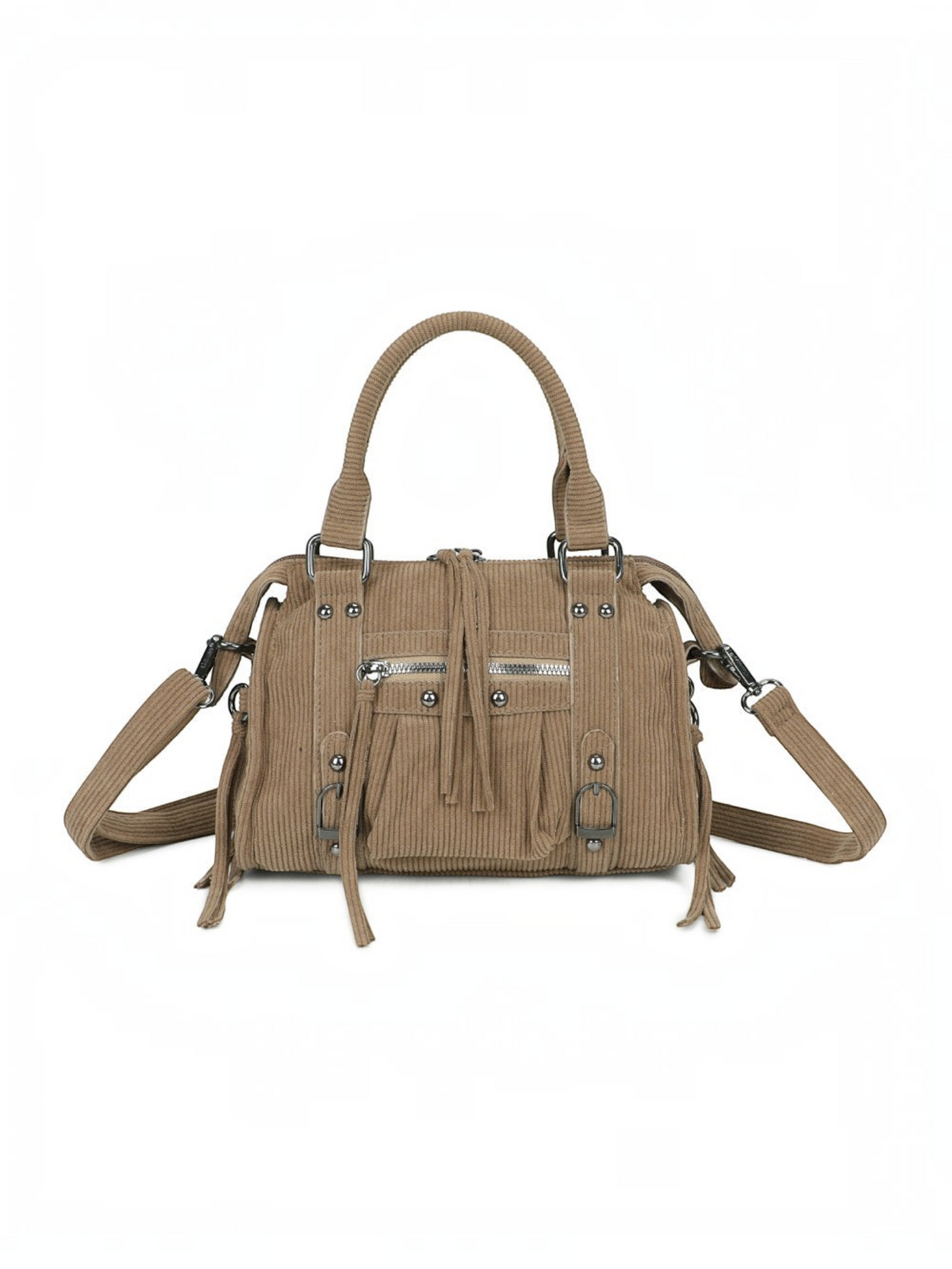 Sac à main BROCK GALLANTRY en velours côtelé beige avec détails métalliques argentés, poignées et bandoulière.