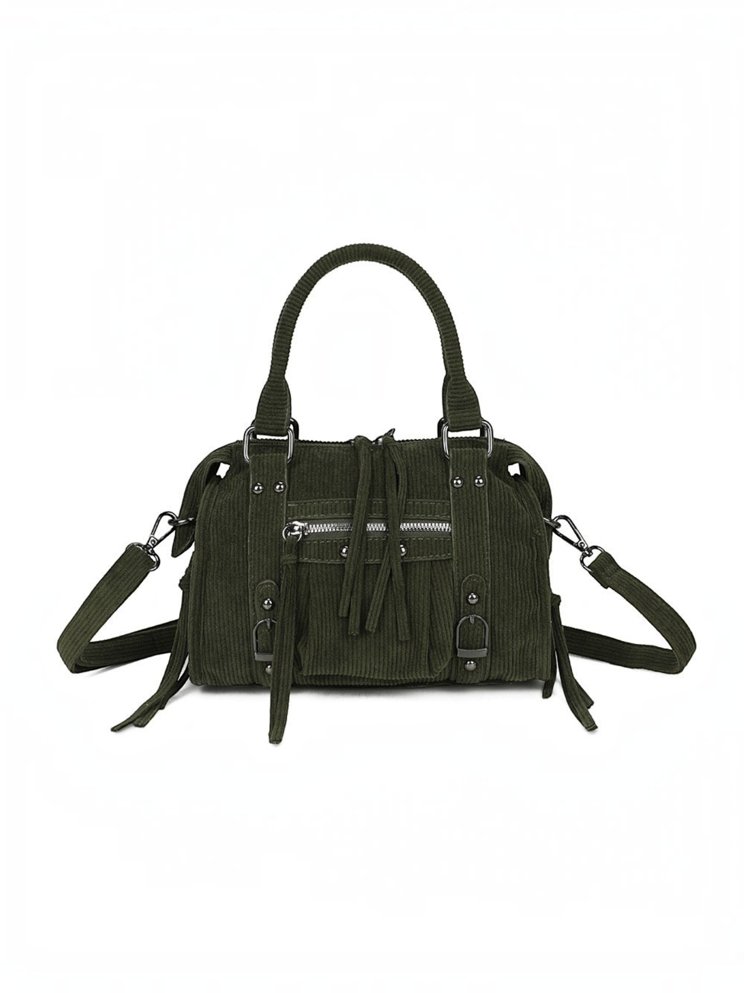 Sac à main BROCK GALLANTRY La Vinoria en velours côtelé vert olive avec détails métalliques argentés et bandoulière