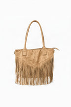 BROCK GALLANTRY tan faux suede handbag with long fringe detailing and gold-tone hardware on a white background