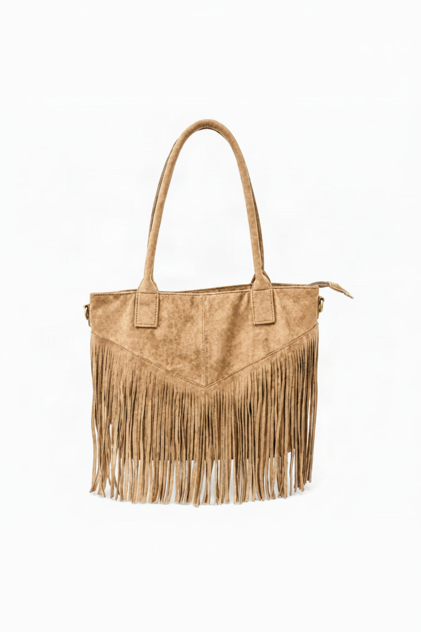BROCK GALLANTRY tan faux suede handbag with long fringe detailing and gold-tone hardware on a white background