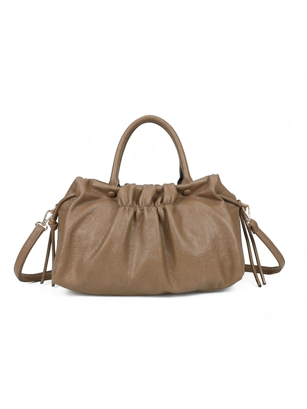BROCK GALLANTRY taupe faux leather A4 handbag with gathered detailing, short handles, and a detachable shoulder strap.