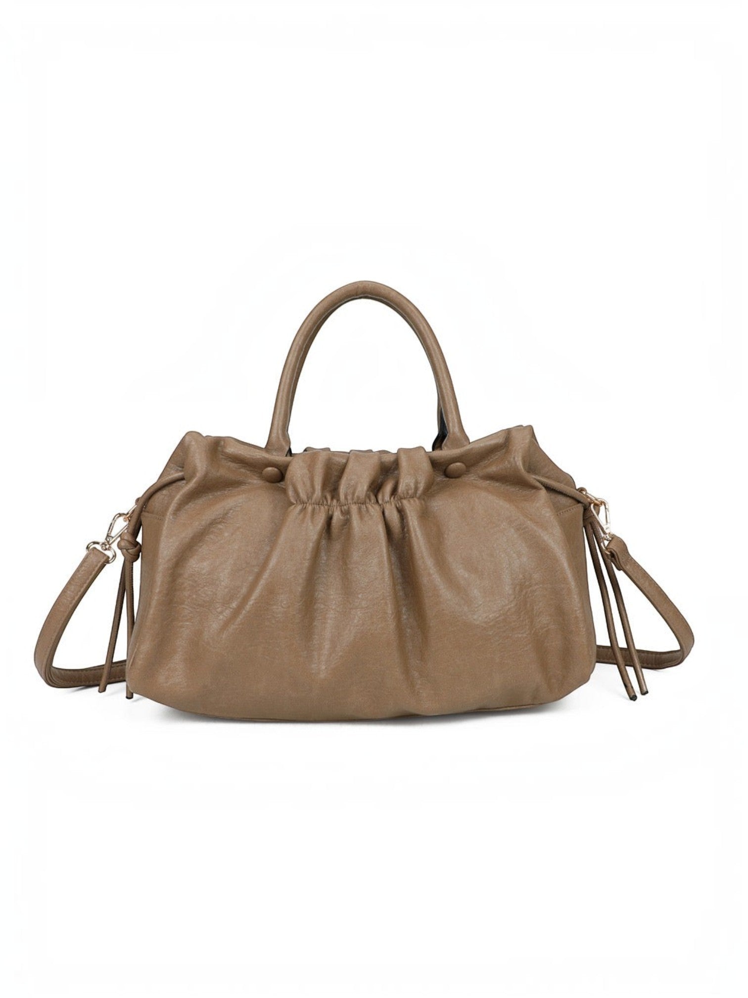 BROCK GALLANTRY taupe faux leather A4 handbag with gathered detailing, short handles, and a detachable shoulder strap.