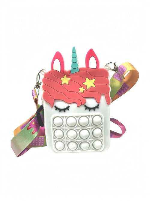 BROCK GALLANTRY unicorn pop-it crossbody bag in white faux leather with a colorful patterned adjustable strap