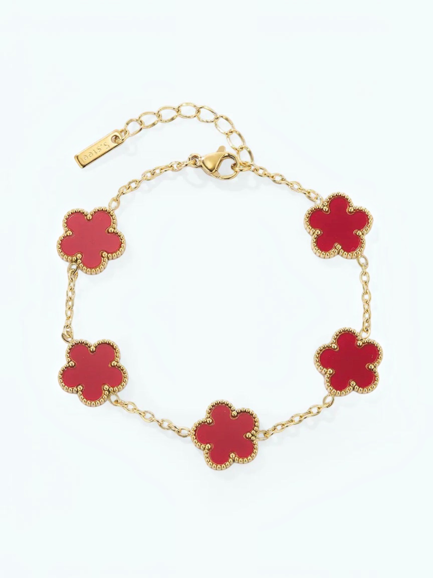 BROCK gold-tone stainless steel bracelet featuring five red flower charms with delicate beaded edges