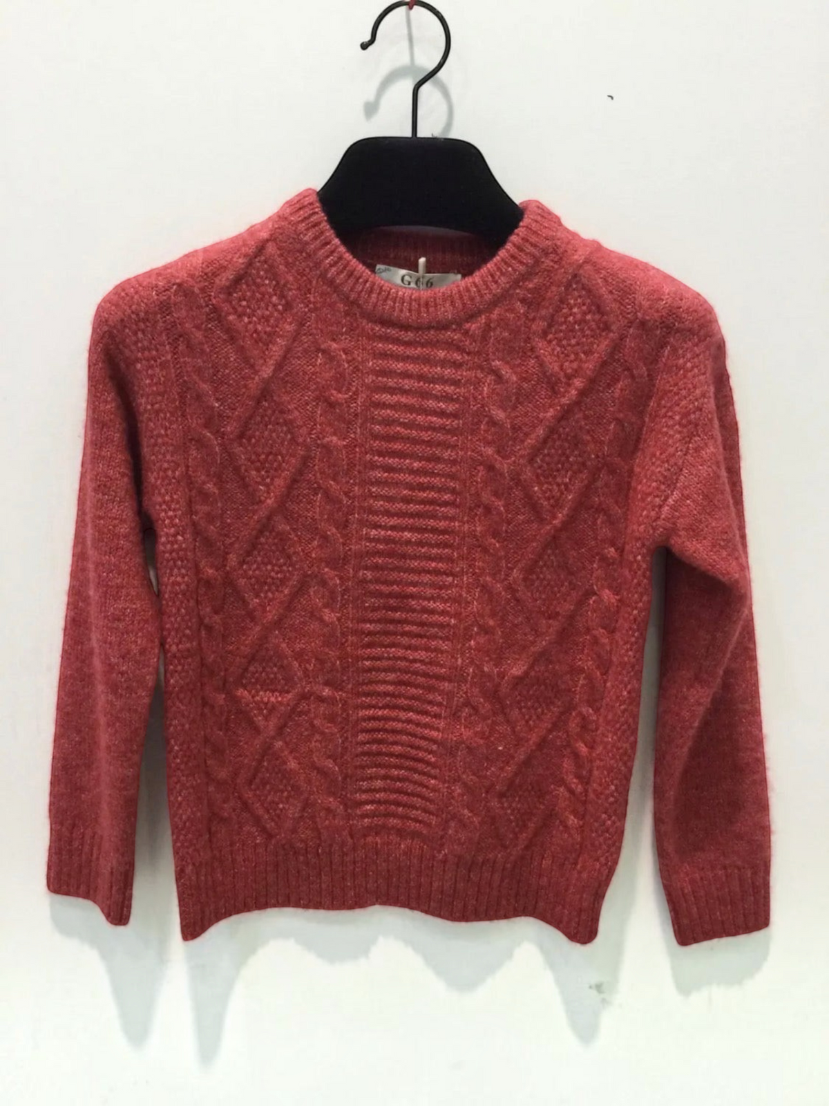 BROCK GRASSTAR burgundy cable knit sweater for children with a crew neck and soft stretch texture