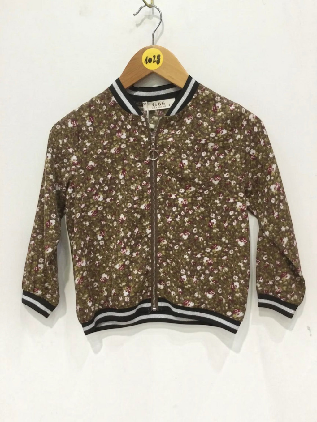 BROCK GRASSTAR floral print bomber jacket for children in brown with striped ribbed collar and cuffs