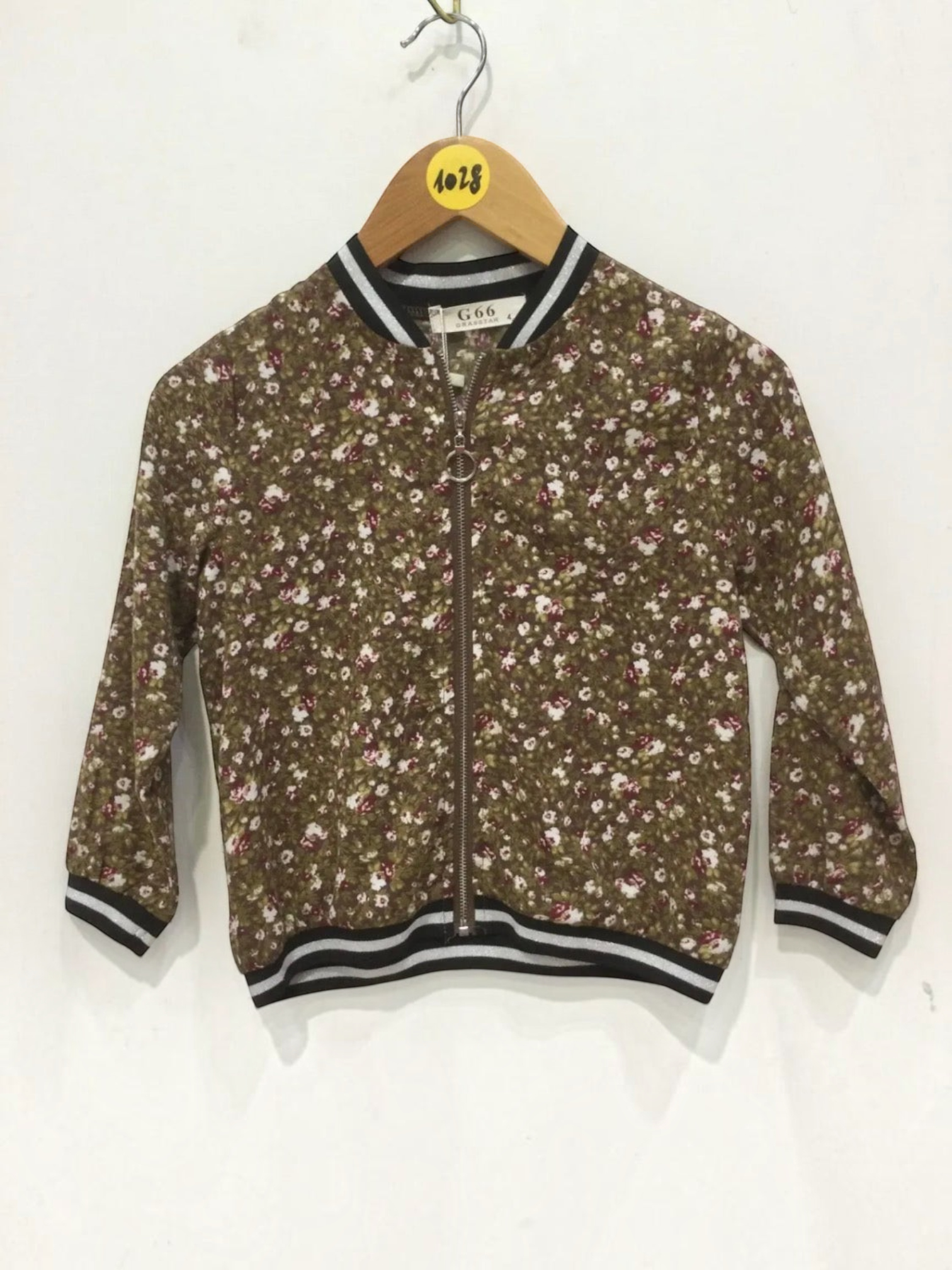 BROCK GRASSTAR floral print bomber jacket for children in brown with striped ribbed collar and cuffs