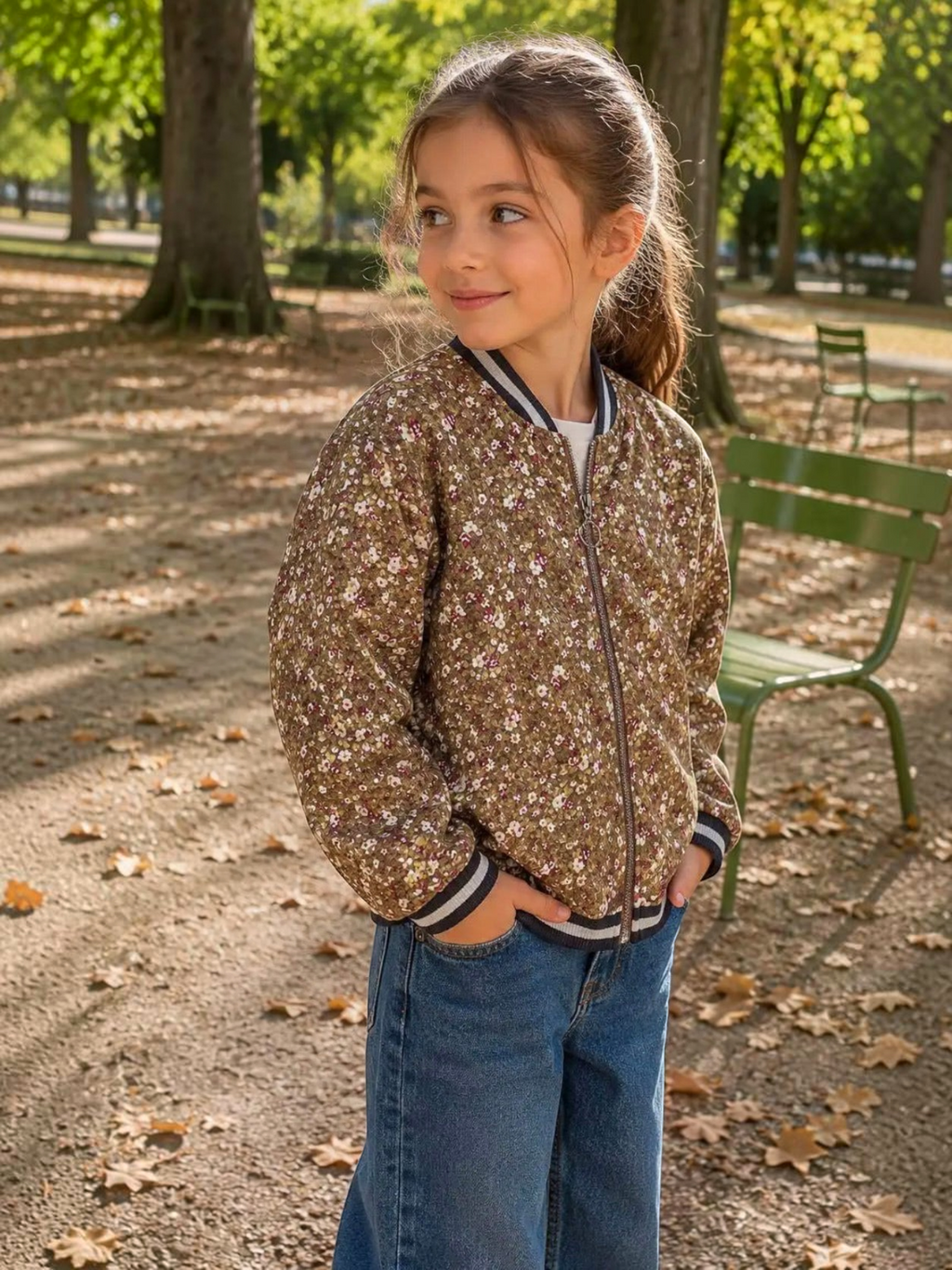 Young girl wearing a BROCK GRASSTAR floral print bomber jacket with striped ribbed trim in a park setting.