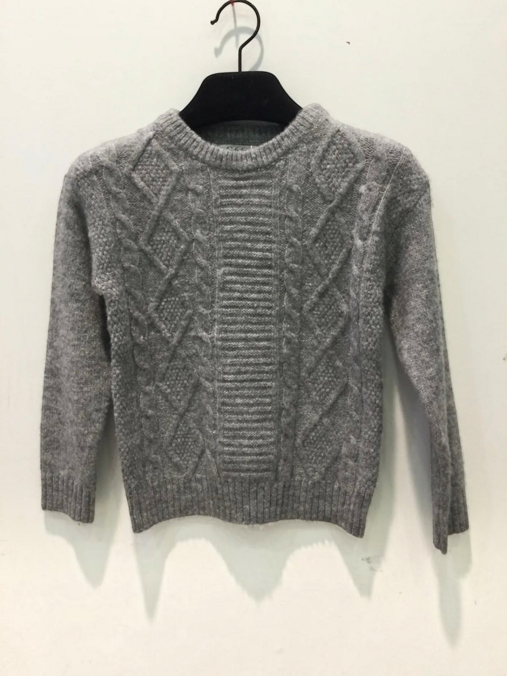 BROCK GRASSTAR grey cable knit sweater for children with a textured diamond pattern and ribbed crew neck