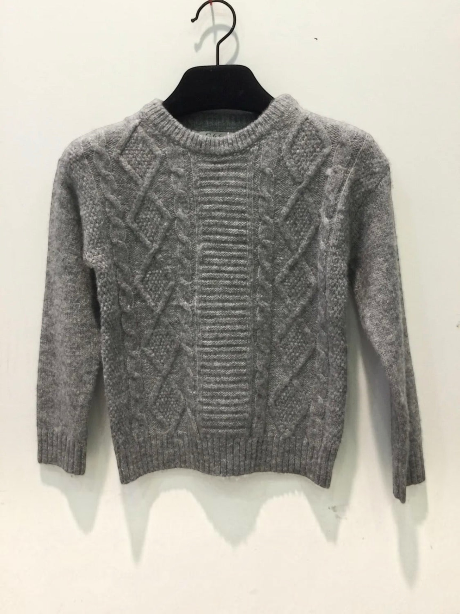 BROCK GRASSTAR grey cable knit sweater for children with a textured diamond pattern and ribbed crew neck